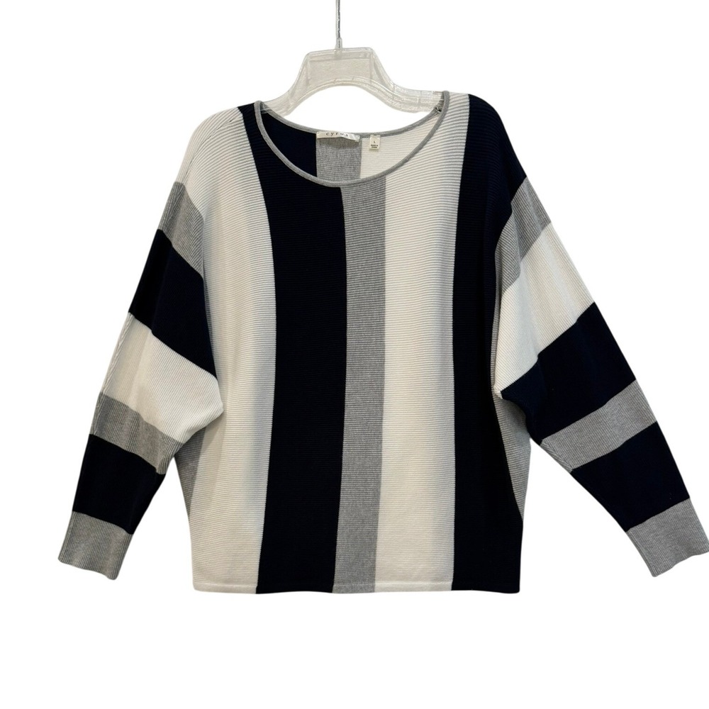 Cyrus Womens Navy Blue Grey‎ White Striped Ribbed Knit Sweater Size Large